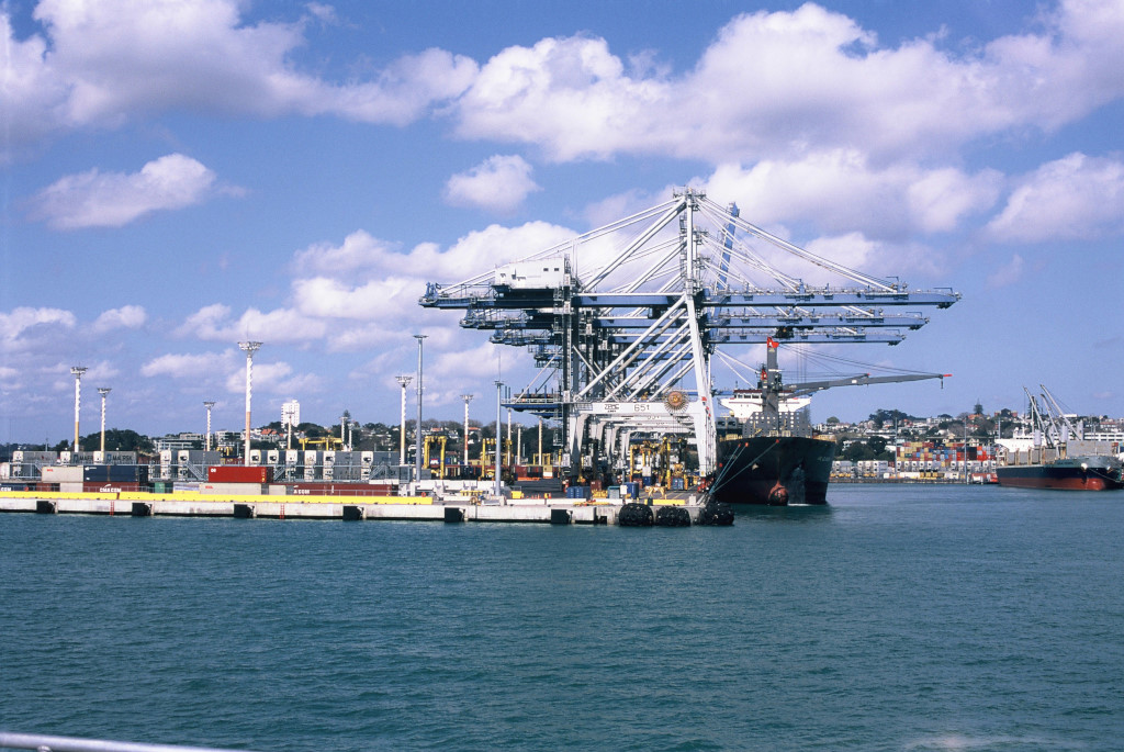 Ship and cranes at Auckland Harbour.
